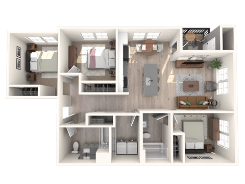 Floor plan for 3 beds, 2 baths, 1129 sqft